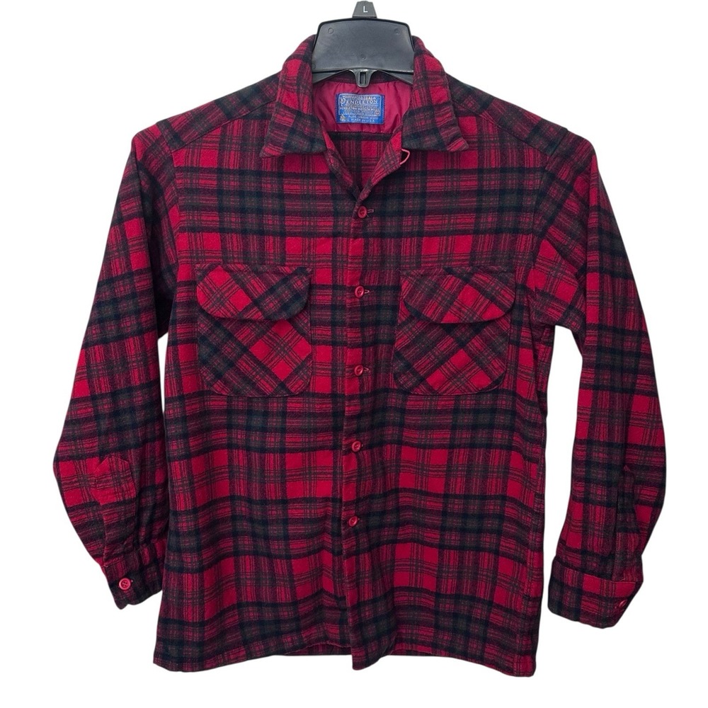 Vintage Pendleton 100% Wool Red Plaid Tartan Shirt Men's Size‎ Medium Pockets